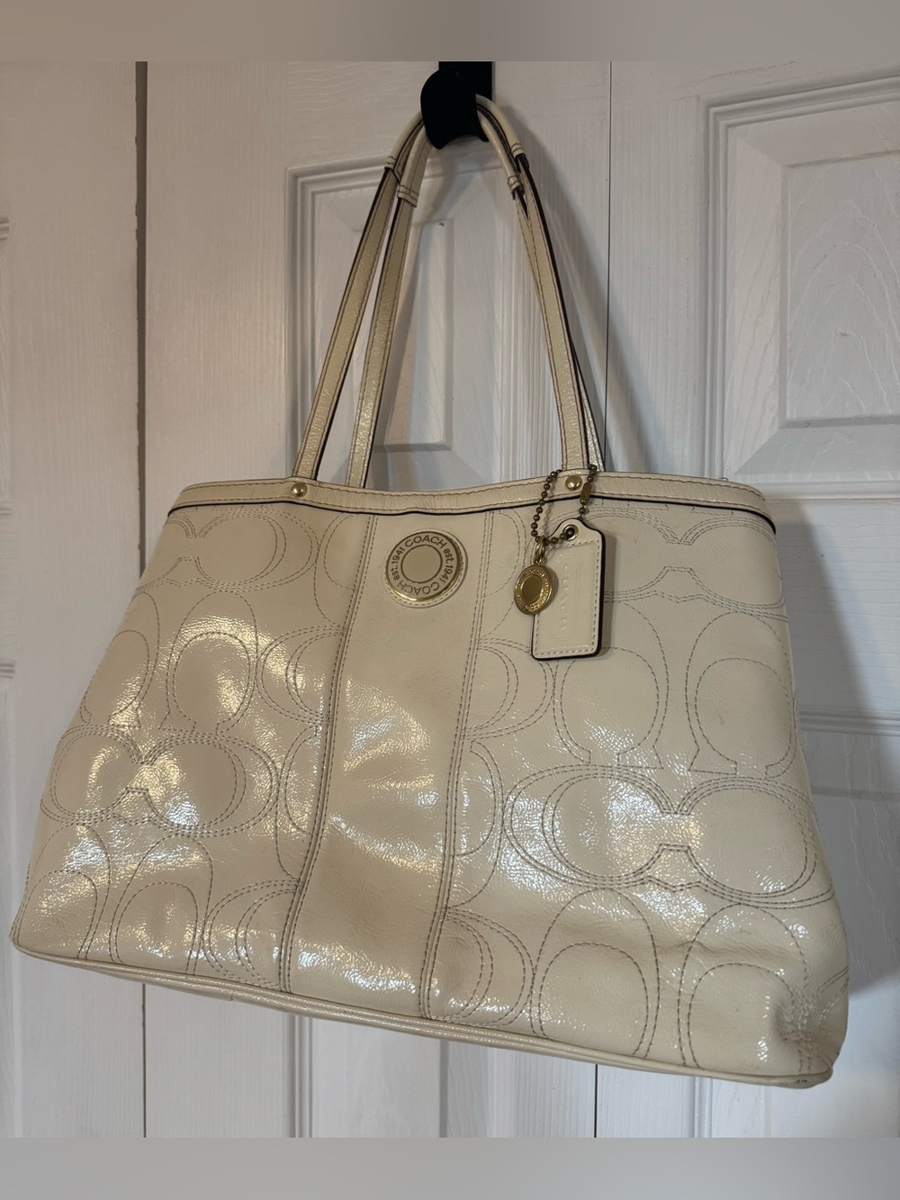 Coach Cream Patent Leather Signature Tote with Gold Charm & Kiss Lock